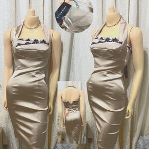 Karen Millen Stretch Satin Pencil Dress Lace Trim Beige Halter size US 8
